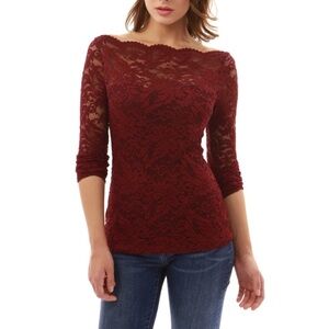PATTYBOUTIK Boatneck Sweetheart Inset Floral Lace Blouse in Burgundy Size Medium